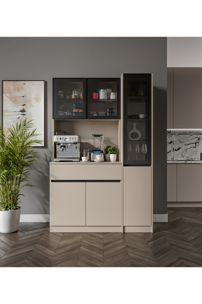 GuneyStore Viona Kum Beji Midi Sağ Vitrinli Komple MDF LED Aydınlatmalı Kahve Köşesi - Ücretsiz Montaj