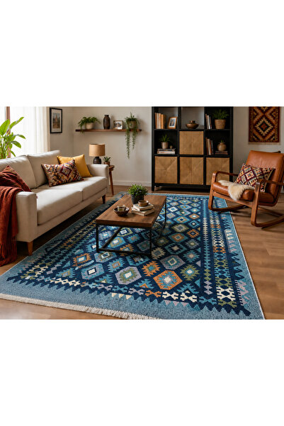 OEM Covor tradițional, dimensiune 200 x 300 cm, albastru și crem, model rustic