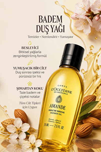 L'Occitane Badem Duş Yağı, Tatlı Badem ve Üzüm Çekirdeği Yağı İçeren Besleyici ve Nemlendirici, Seyahat Boy, 75 ml