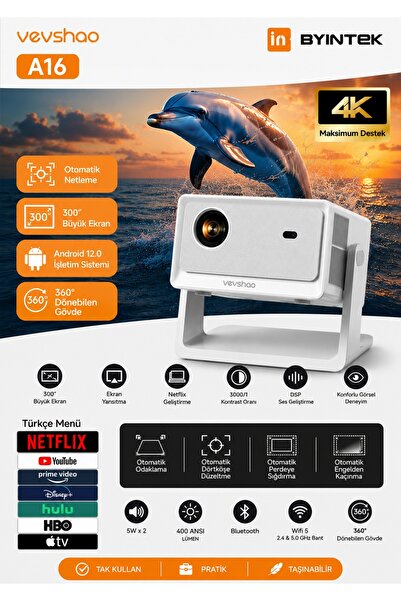 BYINTEK Vevshao A16 380 ANSI Android Ev Sinema Sistemi Full HD Projeksiyon Ci...