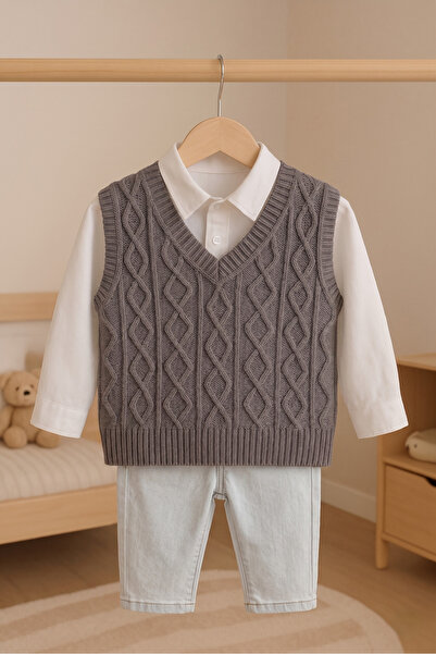 Nimini Kids V-Neck Diamond Patterned Knitwear Baby Boy Sweater
