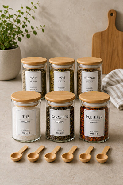 KaiHome 300ml 6-Piece Glass Spice Set with Bamboo Vacuum Lid and 6 Wooden Spoons