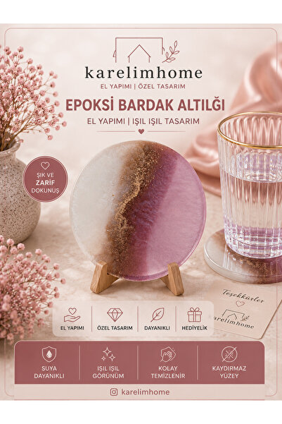 karelim home Bardak Altlığı 1 Adetpembe Beyaz Altın Varaklı 10 × 10