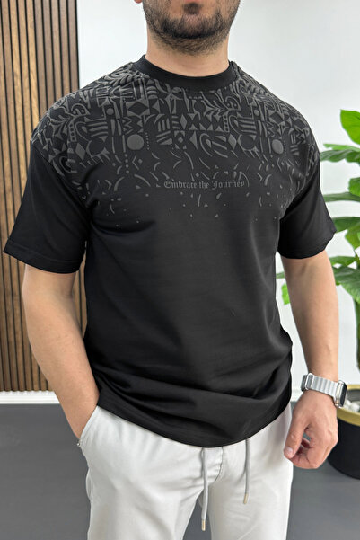 Edwox Tricou bărbătesc cu imprimeu în relief, negru Edw489
