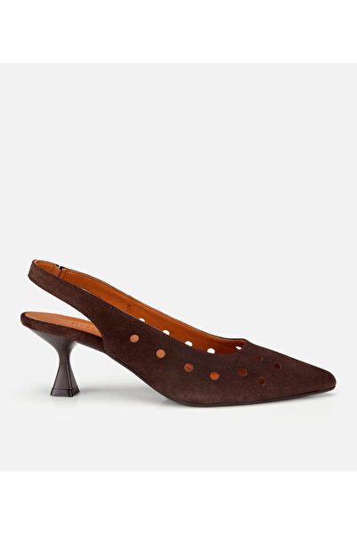 Hotiç Women's Suede Leather Brown Perforated Open Back Short Heeled Stiletto