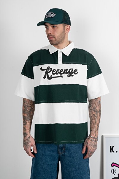 Super Rare Tricou bărbătesc oversize Revenge cu guler polo, verde și alb, US4...