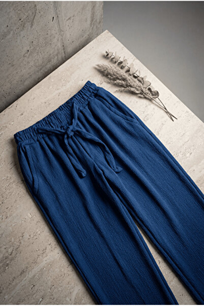 USLULAR Women's Wrinkled Fabric Wide-Leg Trousers with Lace-Up Waist and Comf...