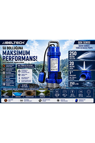 İBELTECH QDX SERİSİ BAKIR SARGILI ŞAMANDIRALI 0.50 Hp SU DALGIÇ POMPA 20MT Dİ...