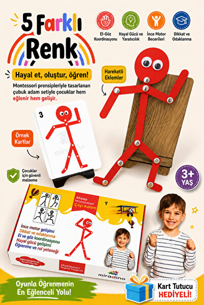 BYENS 100. Yıla Özel Kırmızı Ahşap Eğitici Oyuncak Montessori Çöp Adam Siyah ...