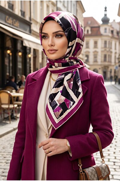 Vissona %100 Twill İpek Geometrik Desenli Mürdüm - Somon Renkli 90x90 Eşarp D...