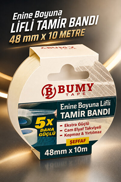 BUMY Enine Boyuna Lifli Şeffaf Tamir Bandı 48 mm x 10 METRE Güçlü Metal Plasi...