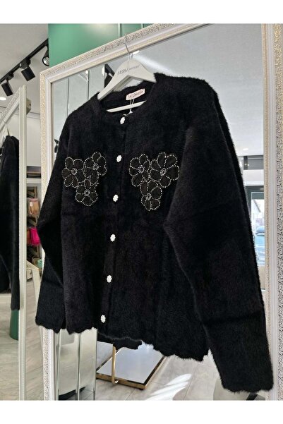 Modario Hatun Angora Embroidered Cardigan (Size 36-42 Compatible) - Black - S...