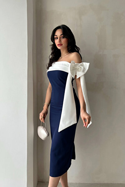 ALFUDO Moda Collection Brıanna Lacivert Beyaz Renk Midi Mezuniyet Elbisesi