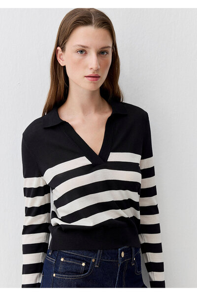 Mavi Wool Black Striped V-Neck Polo Sweater 1710820-85407