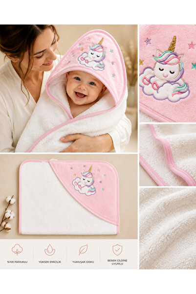 Tomuycuk %100 Pamuklu Başlıklı & Nakışlı Kız Bebek Banyo Havlusu- Yumuşak & S...