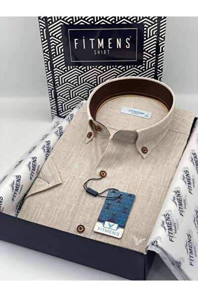 Classic Short Sleeve Linen Collar Buttoned Gift Boxed Men's Shirt FS-003626-Brown