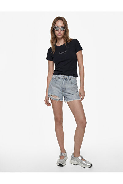 Koton Yüksek Bel Yıpratma Detaylı Taşlı Mini Denim Şort