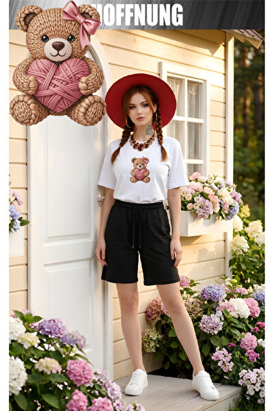 HOFFNUNG Set casual unisex cu mânecă scurtă, cu imprimeu cu cap de urs și mes...
