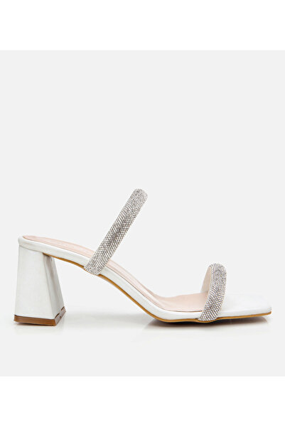 Hotiç Women's White Stone Thick Heeled Slippers