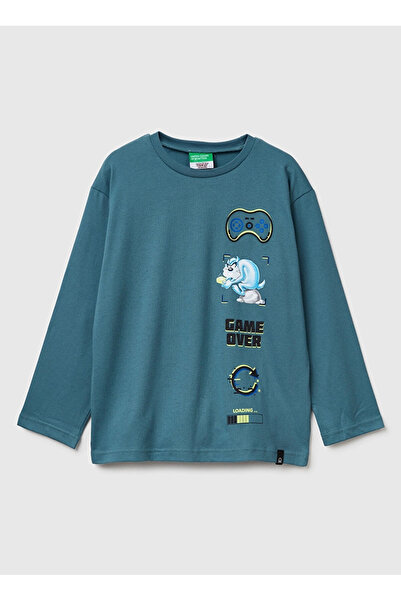 Benetton United Colors of Ekru Băieți cu imprimeu tricou 3ATNC10RL