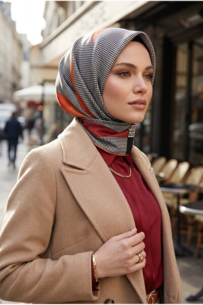Vissona %100 Twill İpek Kazayağı Desenli Turuncu - Taba Renkli 90x90 Eşarp Di...