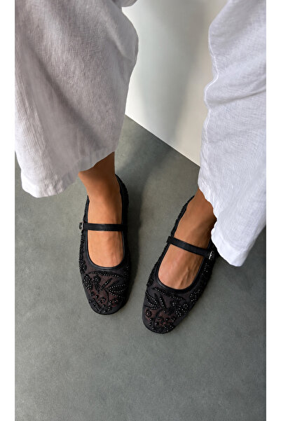 FootFrenzy Elise Kadın Siyah İnci İşlemeli Mary Jane Babet Ayakkabı