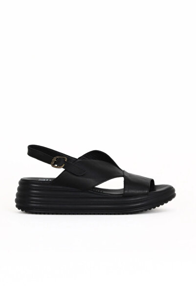 Bueno Shoes Sandale cu toc cu pană pentru femei din piele neagră 01we3202