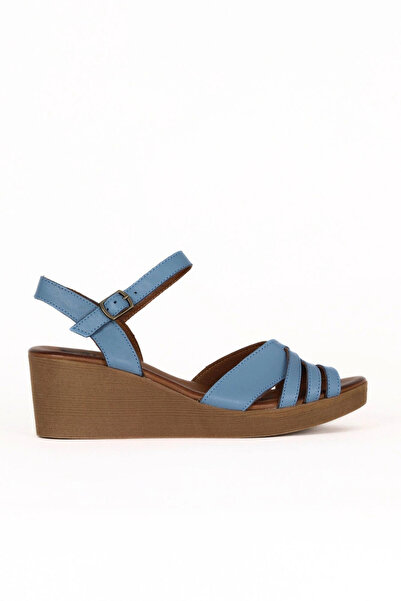 Bueno Shoes Sandale cu toc cu pană pentru femei din piele deschisă albastră 0...