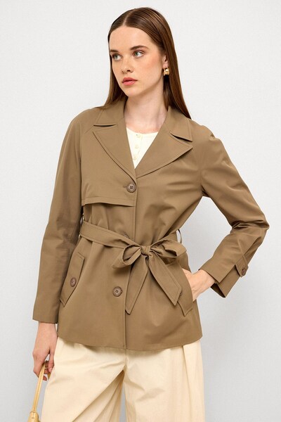 Olcay Short Trench Coat with Cape Detail and Pleated Back, Water Repellent Fe...