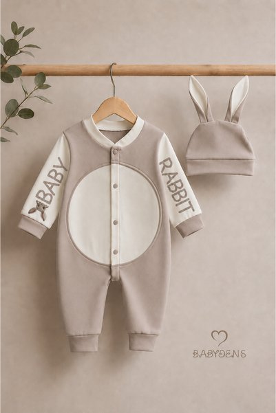 BABYDEN'S Rabbit Ear Newborn Romper Set 100% Cotton Adjustable Pompom Unisex Baby Romper Hat Set