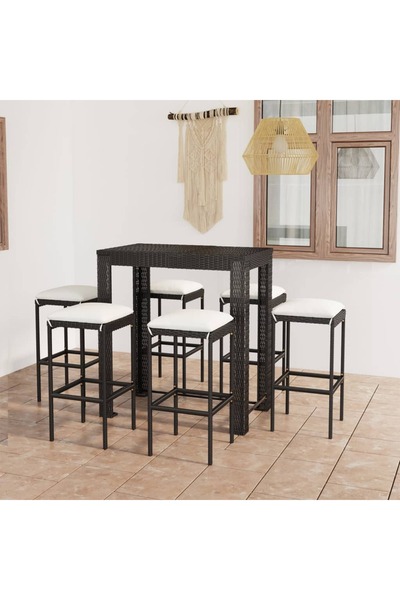 Concept Set mobilier bar de grădină cu perne, 7 piese, negru, poliratan