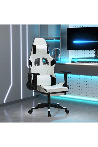 Concept Scaun de gaming cu suport picioare, alb/negru, piele ecologică
