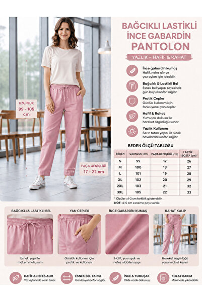 STYLENEST Kadın Ham Bez Gabardin Pantolon Lastikli Bel Bağcıklı Rahat Kalıp