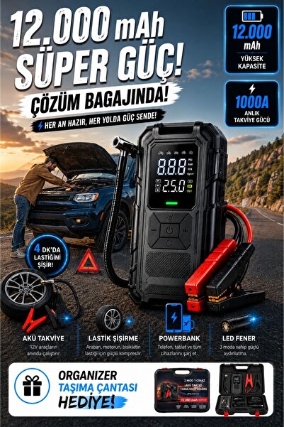 Zineets Pro Taşınabilir Dijital Göstergeli Araç Lastik Sişirme Ve Araç Takviy...