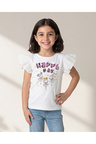REDTAG Girls White Sequins Print T Shirt