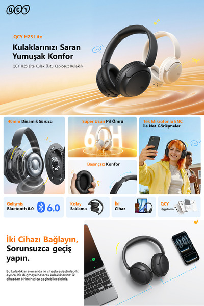 QCY H2s Lite 6.0 Bluetooth Kulaklık ENC Net Çağrı - Çift Cihaz 40 mm Dinamik Sürücü - 60 Saat Dinle