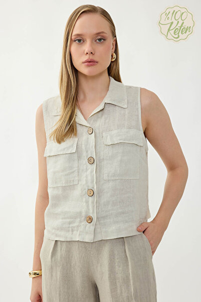 Vitrin 100% Linen Button-Down Shirt with Cover Pockets