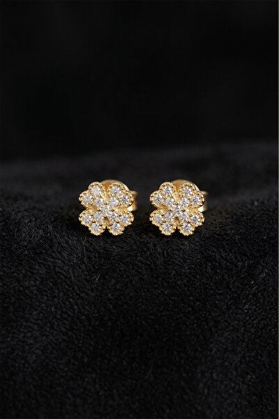 Roza Silver 925 Ayar Zirkon Taşlı Gold Yonca Minimal Çivili Gümüş Küpe