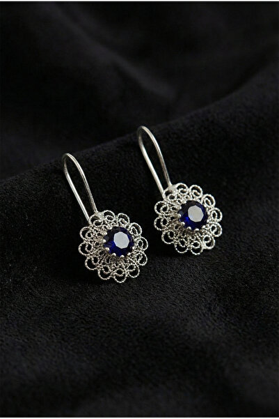 Roza Silver 925 Ayar Aralık Mavi Topaz Doğum Taşı Çiçek Motifli Telkari Gümüş...
