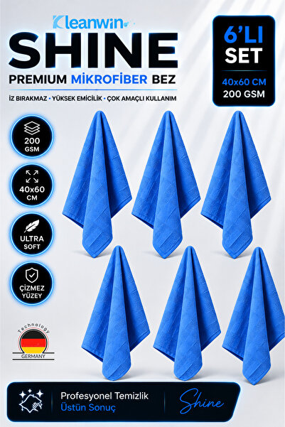 Kleanwin 6'lı Mikrofiber Cam Bezi 40x60 cm | 200 GSM | Mavi | İz Bırakmaz, Em...