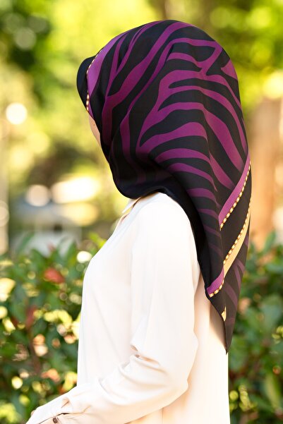 Vissona %100 Twill İpek Zebra Desenli Mürdüm - Bej Renkli 90x90 Eşarp Dikim Ş...