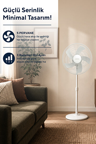 KUMTEL KTF-350 Beyaz 16 İnç Ayaklı Vantilatör 50 W, 5 Pervaneli, 3 Kademeli, 121 cm Yükseklik