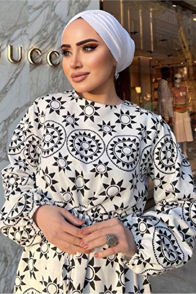 TRENDTESETTÜR KADIN SİYAH BASKI DETAYLI KETEN ELBİSE 0357