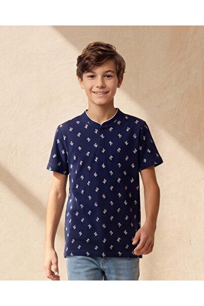 REDTAG Senior Boys Navy Printed Mandarin Collar