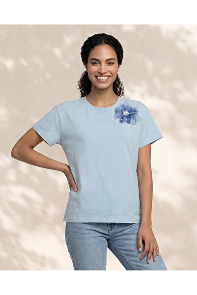REDTAG Women Blue Embellished T-Shirt