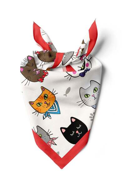 Modabutik A59 Kadın Kedi Desenli Bandana 50x50 Kırmızı DG0191-22 Snz