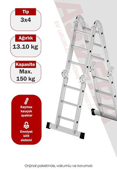 ASVERA 3.7 Metre Çok Amaçlı Akrobat Merdiven - 12 Basamaklı 4x3 Katlanır Prof...