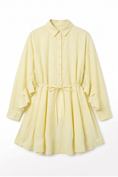 Modamorfo Buttoned Belted Bat Sleeve Flounce Oversize Modal Tunic - Yellow
