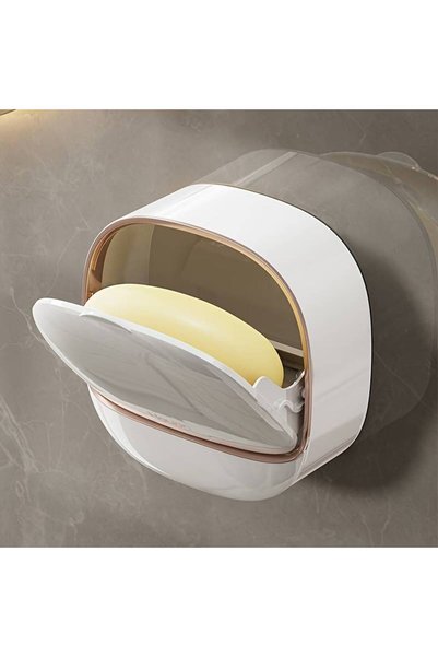 RED KİTCHEN White Wall-Mounted Hole-Free Luxury Multi-Functional Soap Holder with Cover, Plastic Rectangular