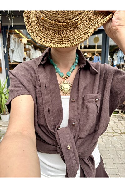 Gözde Tasarım Butik KADIN NATUREL İTHAL CAM BONCUKLU KEMİK GÜNEŞ KOLYE